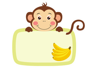 Cute monkey with with banana board sign label