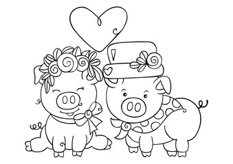 Couple of funny pigs in black line doodle style