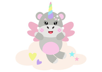 Unicorn hippo with wings flying on sky