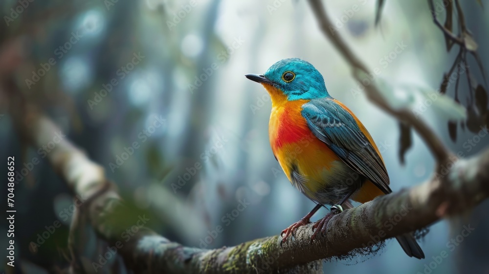 Poster a colorful bird sitting on top of a tree branch in the middle of a forest with lots of trees in the 