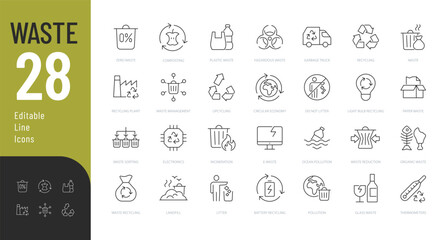 Waste Line Editable Icons set. Vector illustration in modern thin line style of pollution related icons: waste recycling, waste sorting and type of waste. Isolated on white
