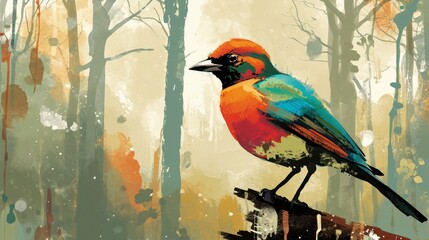  a painting of a colorful bird sitting on top of a piece of wood in the middle of a wooded area.