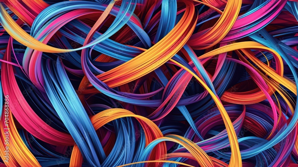 Poster a bunch of colorful streamers that are in the shape of a wave of colorful streamers on a black backg