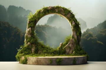 podium with stone arch entwined with the plants, moss, ivy and leaves. in the background there is a blurred landscape of a forest in fog or white haze.
