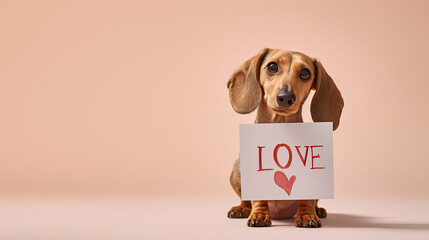 Dachshund dog with white sheet wit LOVE . Valentine's Day banner, love background