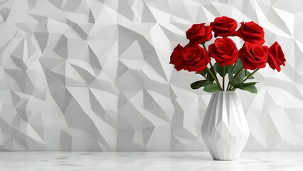 Red Roses in A Modern White Vase On White Interior Background