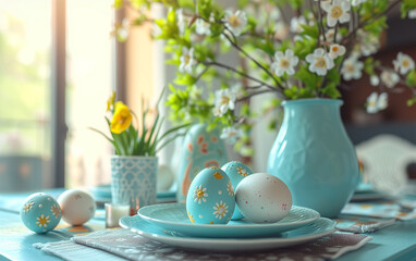 easter table setting - eggs and flowers. beige white blue. floral motives. happy easter postcard
