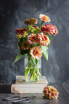 Queeny lime red zinnias in jar standing on book