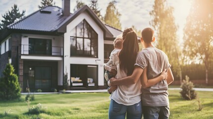 Young family looking at their new home standing with their backs, real estate purchase