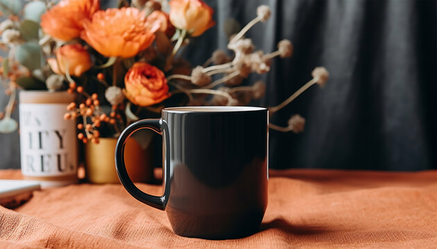 Black coffee mug mockup with spring flowers pink bouquet on wooden table. Empty mug mock up for brand promotion.