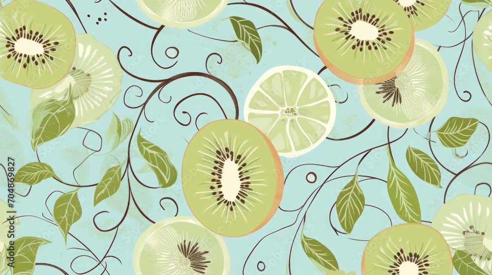 Poster a green apple with leaves and a slice of lemon on a blue background with swirls and swirls on it.