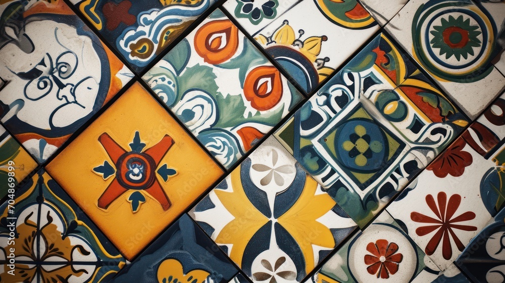 Poster a close up of a tiled wall with many different colors and shapes of tiles in the same pattern as the