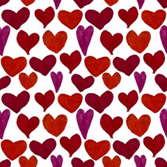 Love you Purple and red hearts on white background, hand drawn with oil pastels. Valentines Day raster seamless pattern