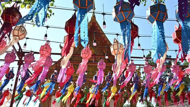 Traditional paper lantern decoration in Wat Phra That Doi Tung temple in Chiang Rai province of Thailand.