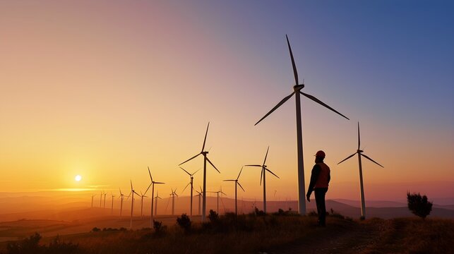 Wind Farm, engineer inspecting turbines, expansive wind farm at dawn