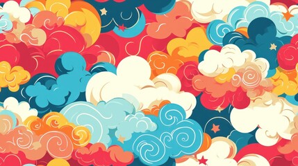  a colorful pattern of clouds and stars on a blue, red, yellow, and white background with a star in the center.
