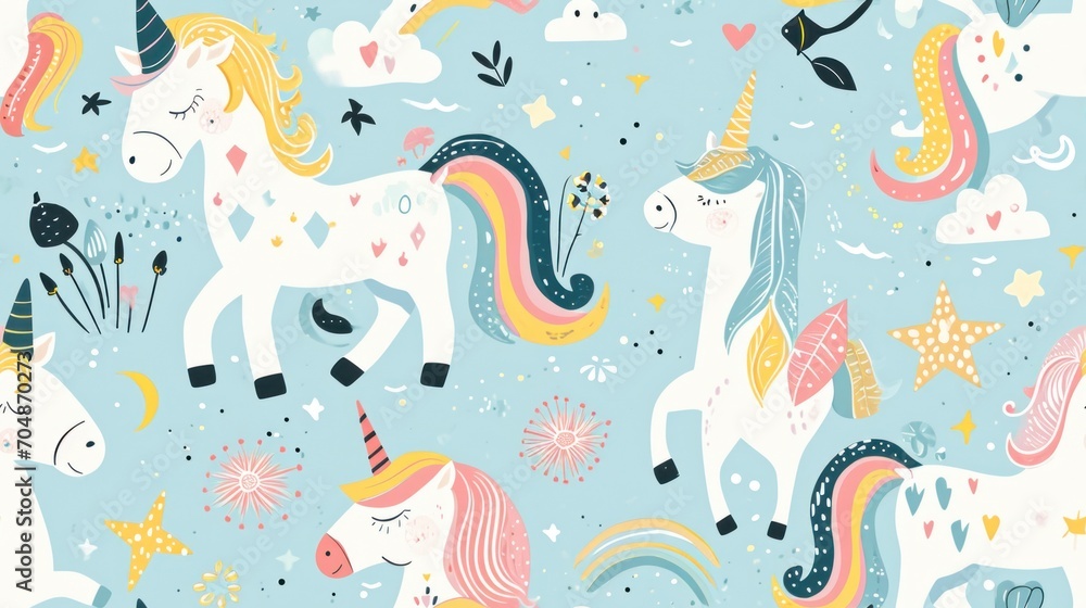 Poster a pattern of colorful unicorns with stars and clouds on a blue background with stars and clouds in t