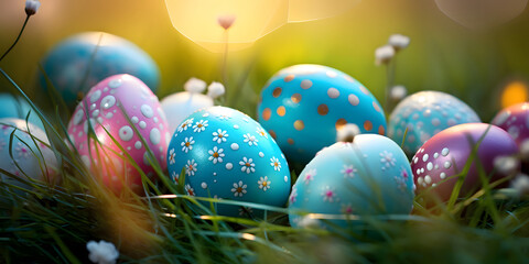 Obraz na płótnie Canvas Color easter eggs and fairy nature background - Celebration design