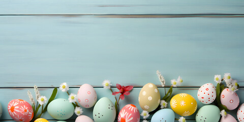 Color easter eggs on a wood background - Celebration design - Powered by Adobe