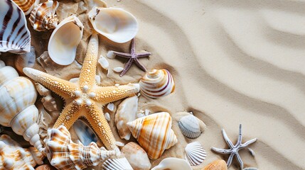 Fototapeta na wymiar Top view of a sandy beach with exotic seashells and starfish as natural textured background for aesthetic summer design