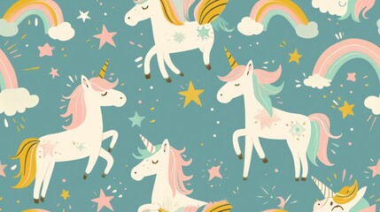  a group of unicorns with stars and rainbows on a blue background with clouds and stars in the sky.