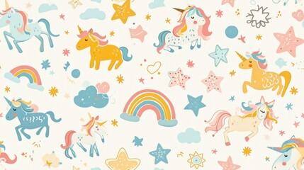  a pattern of unicorns, stars, and rainbows on a white background with blue, pink, yellow, and orange colors.