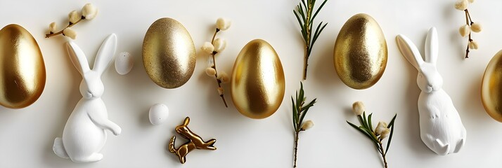 Stylish golden eggs easter with rabbit on white background. Flat lay trendy easter