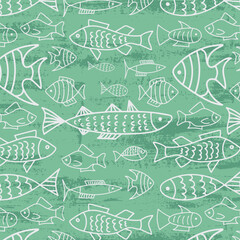Hand drawn seamless pattern with doodle fishes. Ink illustration