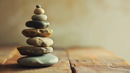 Foto op Canvas Spa, balance, meditation and zen minimal modern concept. Stack of stone pebbles against beige wall for design and presentation. © PSCL RDL