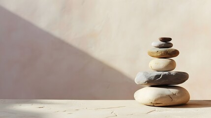 Spa, balance, meditation and zen minimal modern concept. Stack of stone pebbles against beige wall for design and presentation.