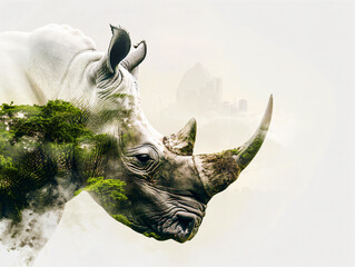 Double exposure photo, rhino with natural landscape, animals and nature, poacher, abstract thinking, meditation, contemplation, philosophy, animal silhouettes, natural resources, endangered