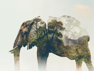 Double exposure photo, elephant with natural landscape, animals and nature, poacher, abstract thinking, meditation, contemplation, philosophy, animal silhouettes, natural resources, endangered