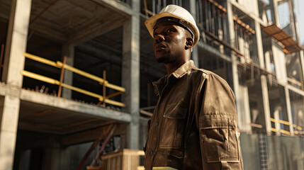 Fototapeta na wymiar Portrait of a black construction worker dressed in work uniform and wearing a hard hat. He is posing at his work site, a building under construction