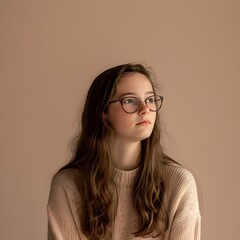 portrait of 13 years old girl teen on beige background 