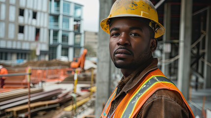 Portrait of a black construction worker dressed in work uniform and wearing a hard hat. He is posing at his work site, a building under construction