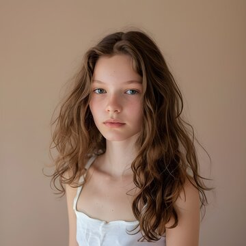 portrait of 13 years old girl teen on beige background 