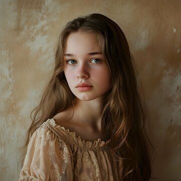portrait of 13 years old girl teen on beige background 