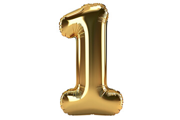 Inflatable gold letter "1" glossy, realistic hyper-detailed rendering style, bright color scheme, pure white background, front view PNG