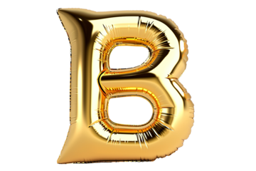 Inflatable gold letter "B" glossy, realistic hyper-detailed rendering style, bright color scheme, pure white background, front view PNG