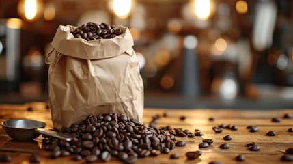 Foto op Plexiglas Fresh Roasted Coffee Beans in a Kraft Paper Bag © Sariyono