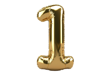 Inflatable gold letter "1" glossy, realistic hyper-detailed rendering style, bright color scheme, pure white background, front view PNG