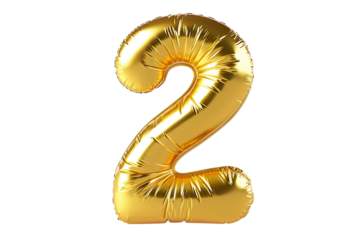 Inflatable gold letter "2" glossy, realistic hyper-detailed rendering style, bright color scheme, pure white background, front view PNG