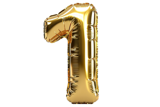 Inflatable gold letter "1" glossy, realistic hyper-detailed rendering style, bright color scheme, pure white background, front view PNG