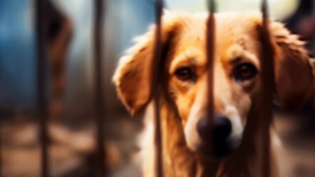 Stray homeless dog in animal shelter cage. Sad abandoned hungry dog behind old rusty grid of the cage in shelter for ho