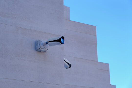 Spain, Balearic Islands, Cala Sant Vicenc, Security cameras on hotel facade