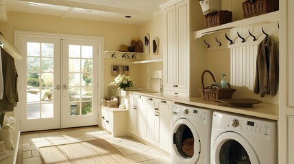 Laundry room and mud room waiting area coat rack hooks baskets shoes washing machine dryer cabinets cupboards interior home
