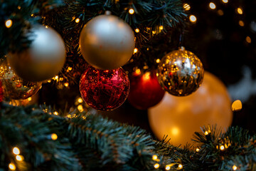 Close-up of ornaments on Christmas tree