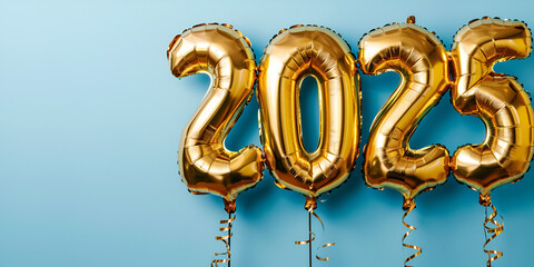 2025, Golden Inflatable Balloons, Celebration, Festive, Cofetti, blue Background,  Backdrop,...