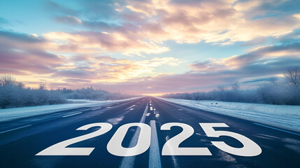 2025 new year at beautiful empty highway at sunrise, generative ai - obrazy, fototapety, plakaty