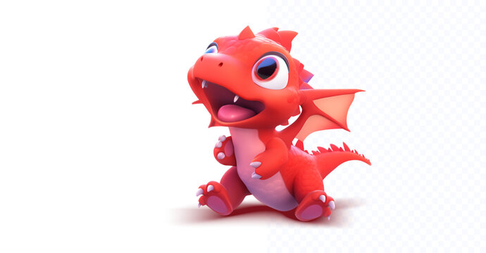 Adorable 3D Cartoon Baby Dragon with a Playful Expression on a White Background. Young dragon with a redcolor scheme. Vector illustration